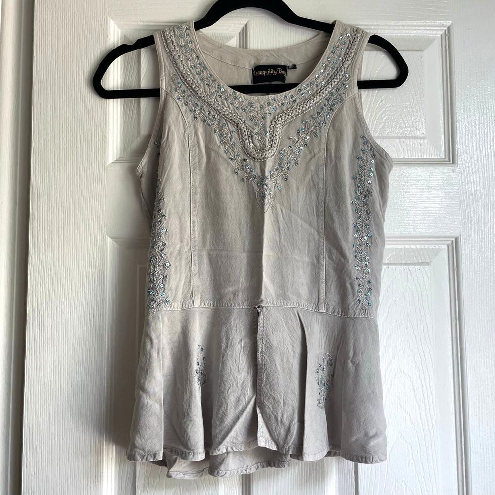 Fairy Tank Top Flutter Sequin Boho Whimsical Cotton Rayon Gray Blue READ4SIZE - Picture 2 of 14